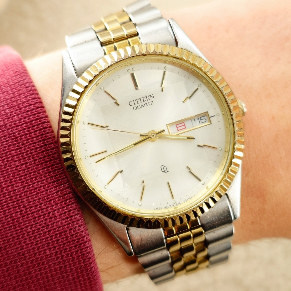 Citizen 6100-K09311 Vintage Cut Glass Two-Tone Jubilee Kanji Day 36mm WORKING